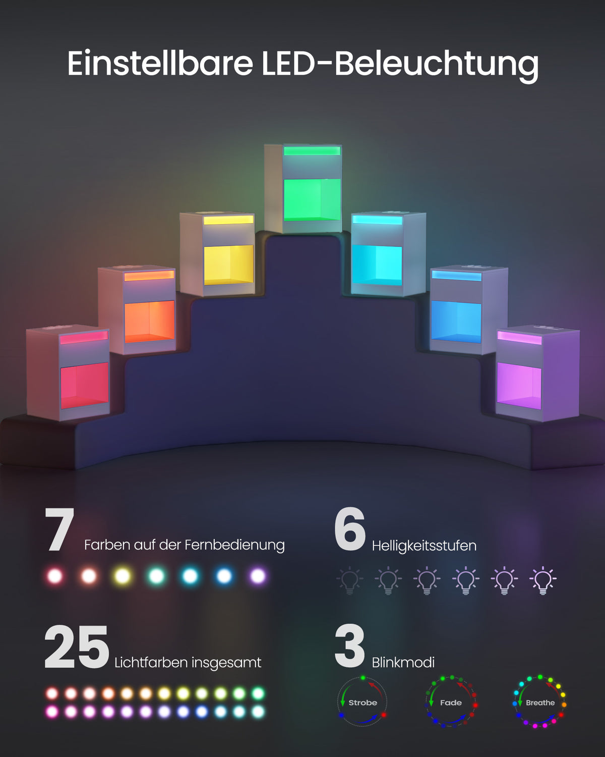 Moderner Nachttisch mit LED-Beleuchtung und Steckdosen - USB-Anschluss