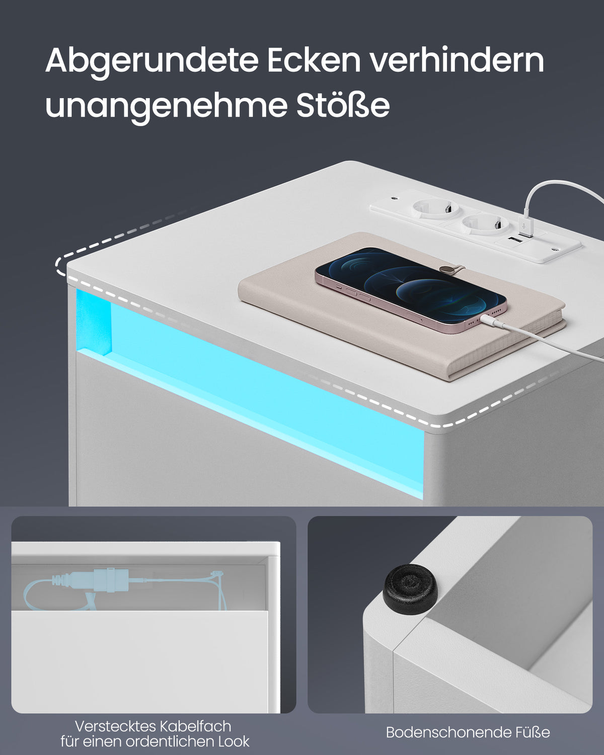 Moderner Nachttisch mit LED-Beleuchtung und Steckdosen - USB-Anschluss