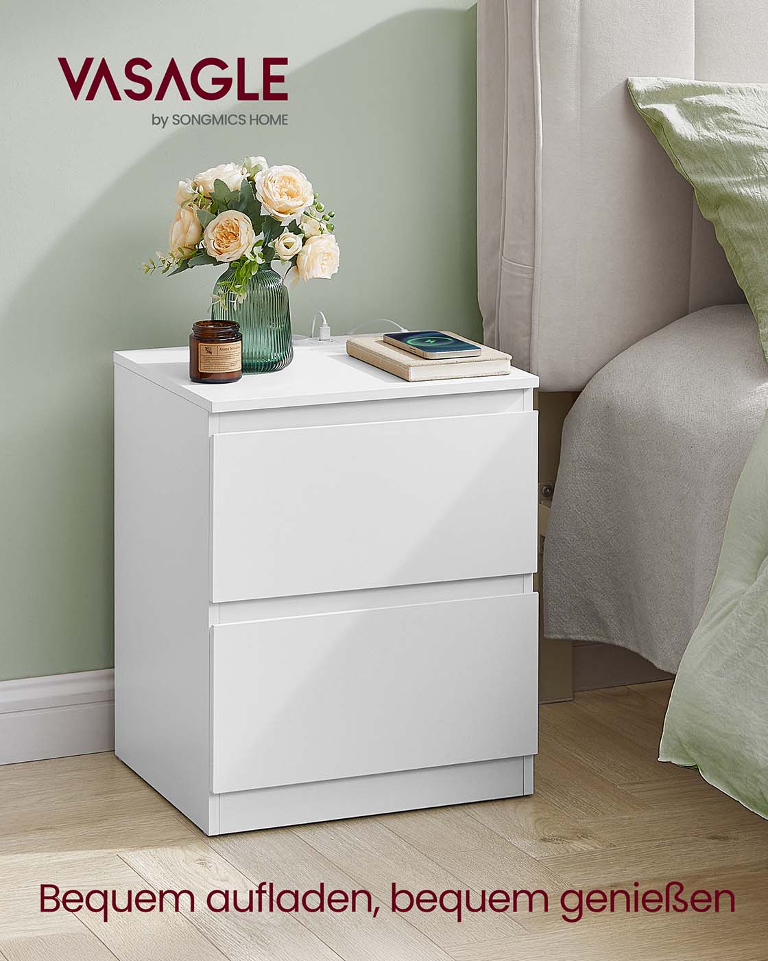 Nachttisch mit Steckdose und USB - 2 Schubladen - modernes Weiß - Ladestation