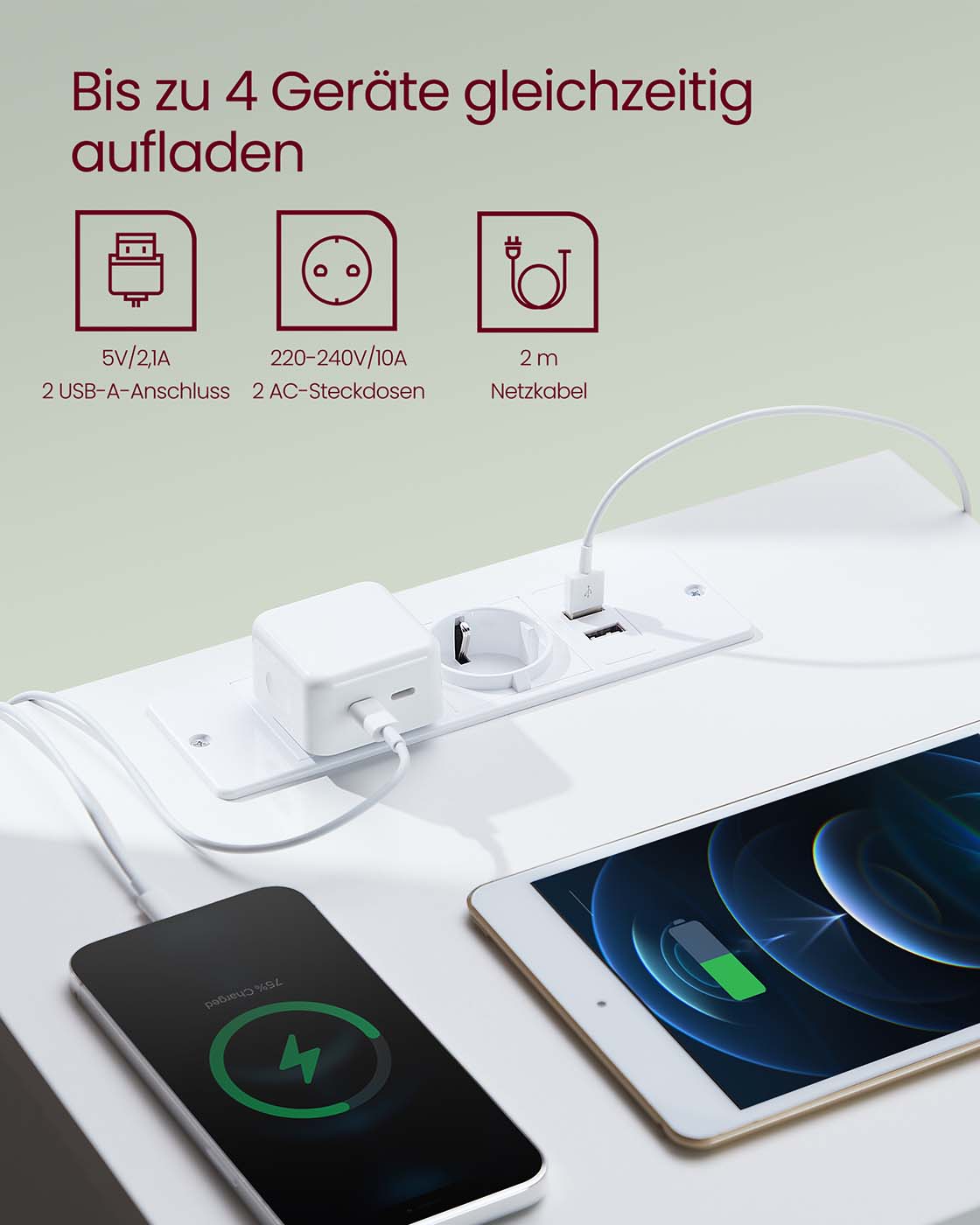 Nachttisch mit Steckdose und USB - 2 Schubladen - modernes Weiß - Ladestation