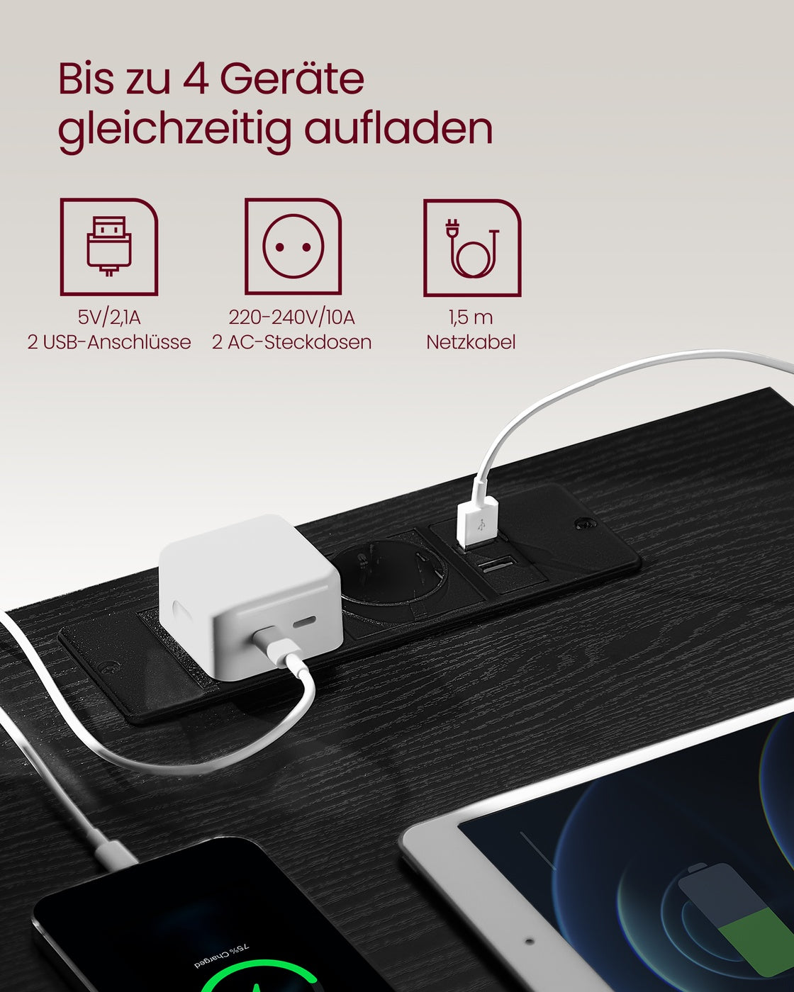 Beistelltisch mit Ladestation - Nachttisch mit USB-Anschluss - Schrank mit Steckdose