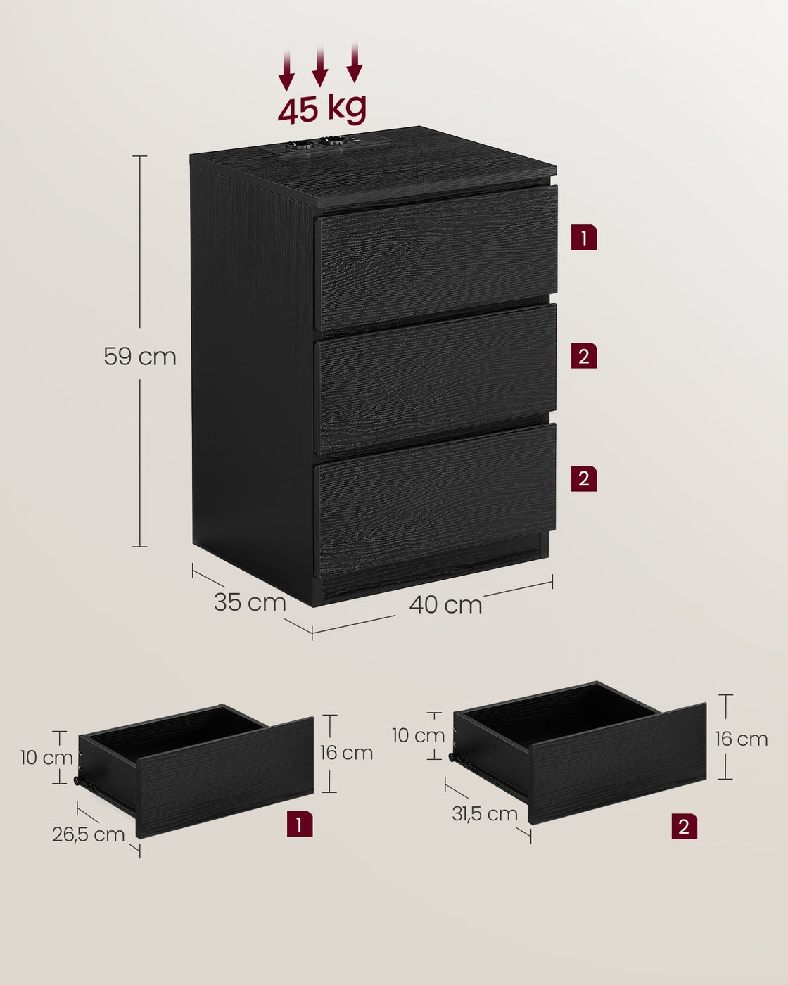 Beistelltisch mit Ladestation - Nachttisch mit USB-Anschluss - Schrank mit Steckdose