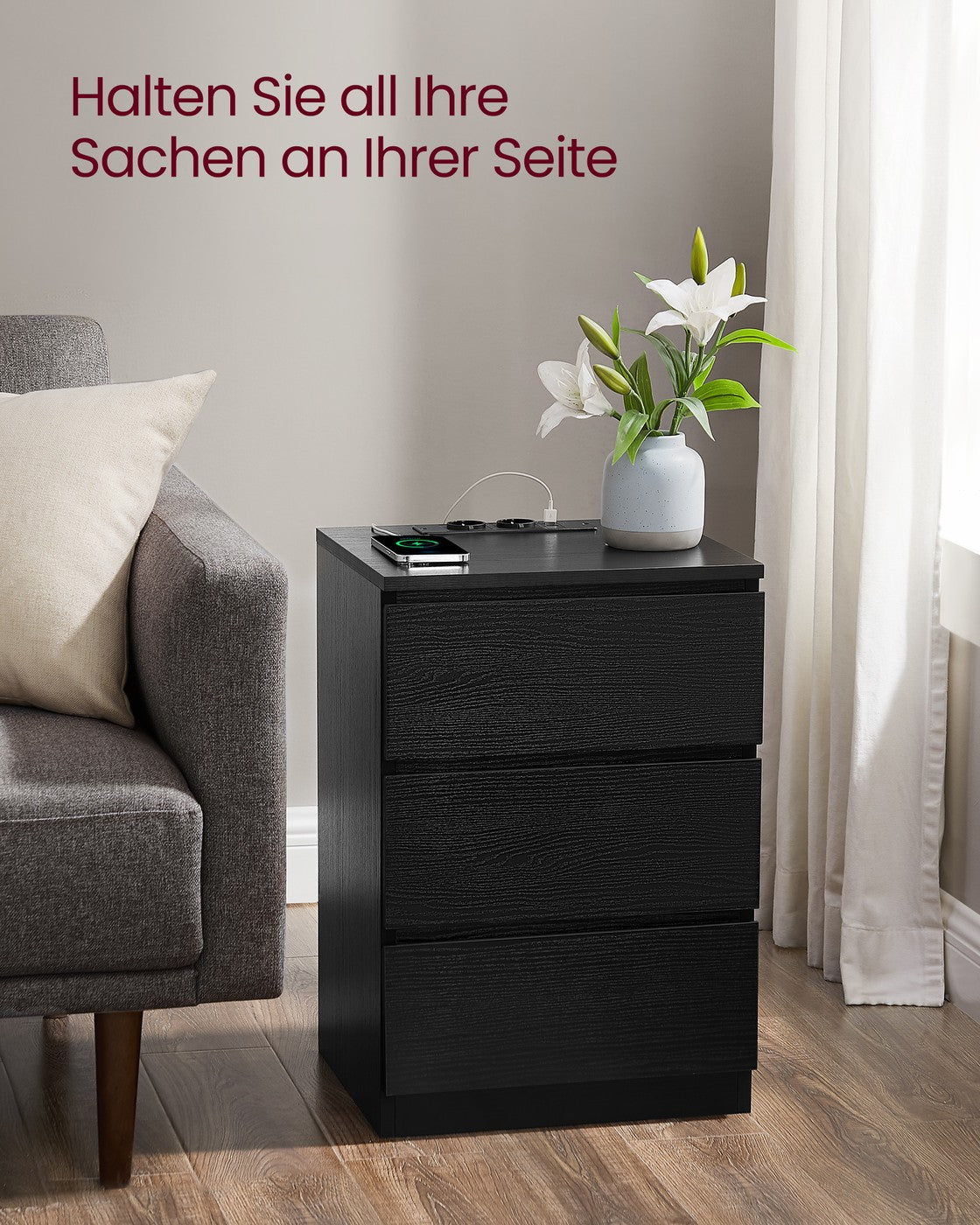 Beistelltisch mit Ladestation - Nachttisch mit USB-Anschluss - Schrank mit Steckdose