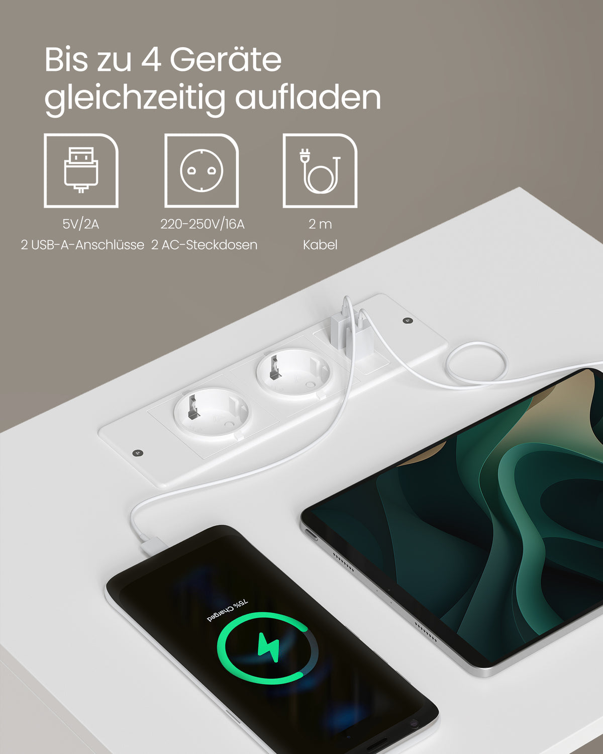 Nachttisch mit Steckdose & USB – modern Weiß – mit Schublade & 2 offenen Fächern – Beistelltisch mit Ladestation