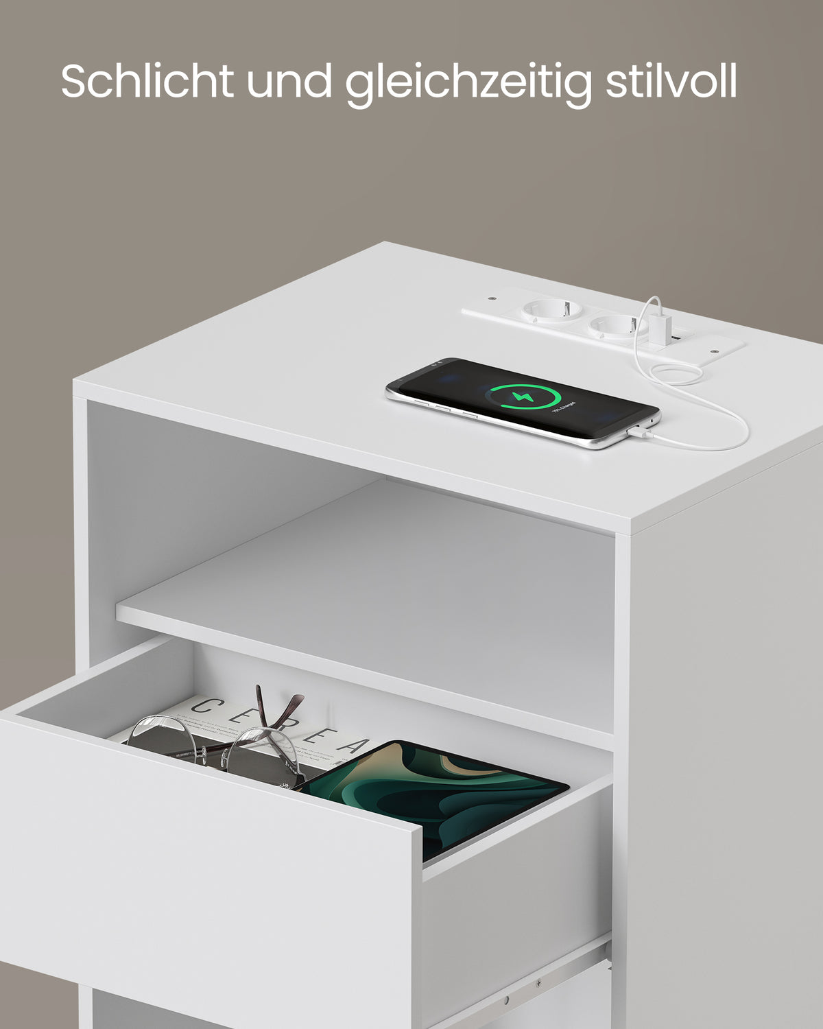 Nachttisch mit Steckdose & USB – modern Weiß – mit Schublade & 2 offenen Fächern – Beistelltisch mit Ladestation