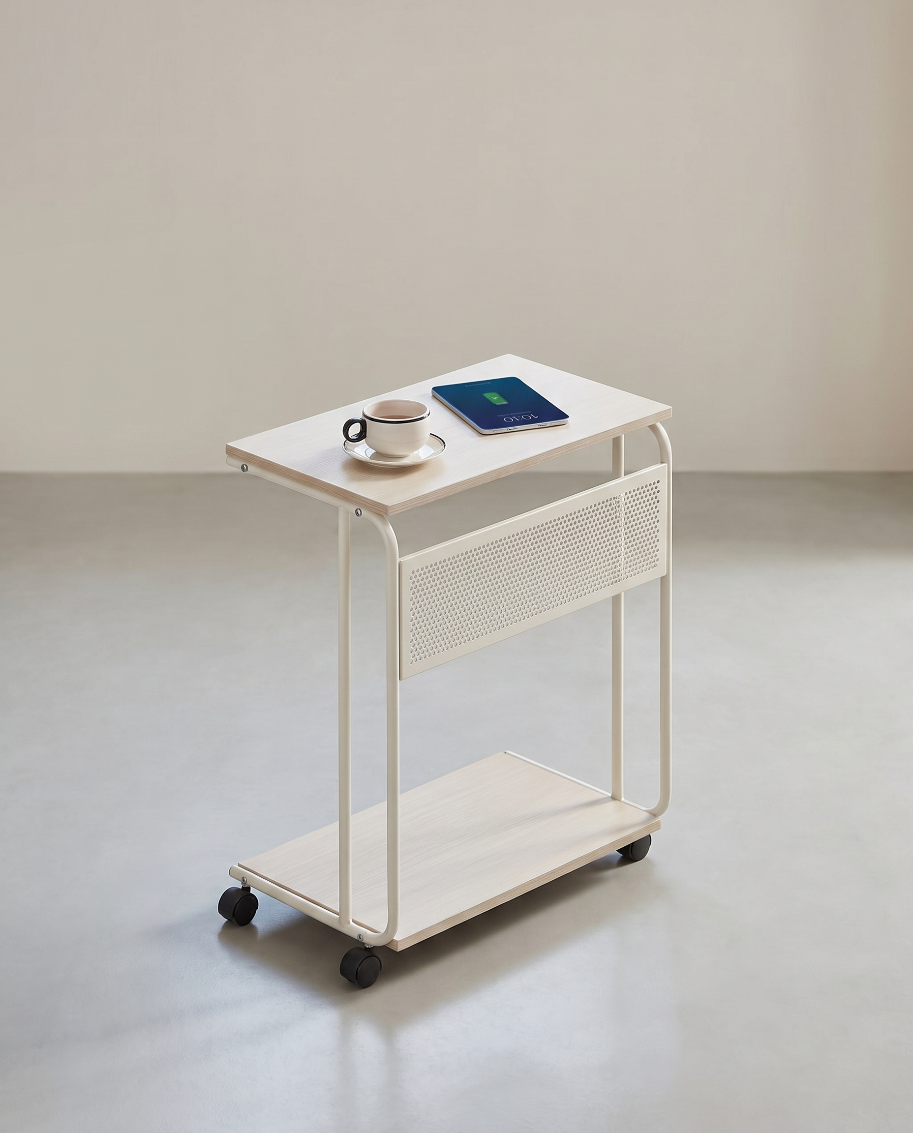 C-förmiger Beistelltisch auf Rollen – 55 x 34 x 66 cm – Höhenverstellbar – Mit seitlichen Haken – Cremeweiß