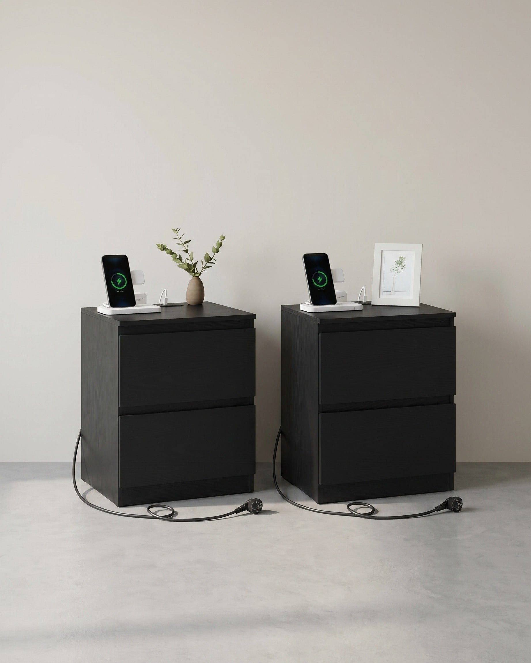 Nachttisch mit Steckdose und USB - 2 Schubladen - modernes Weiß - Ladestation – Schwarz