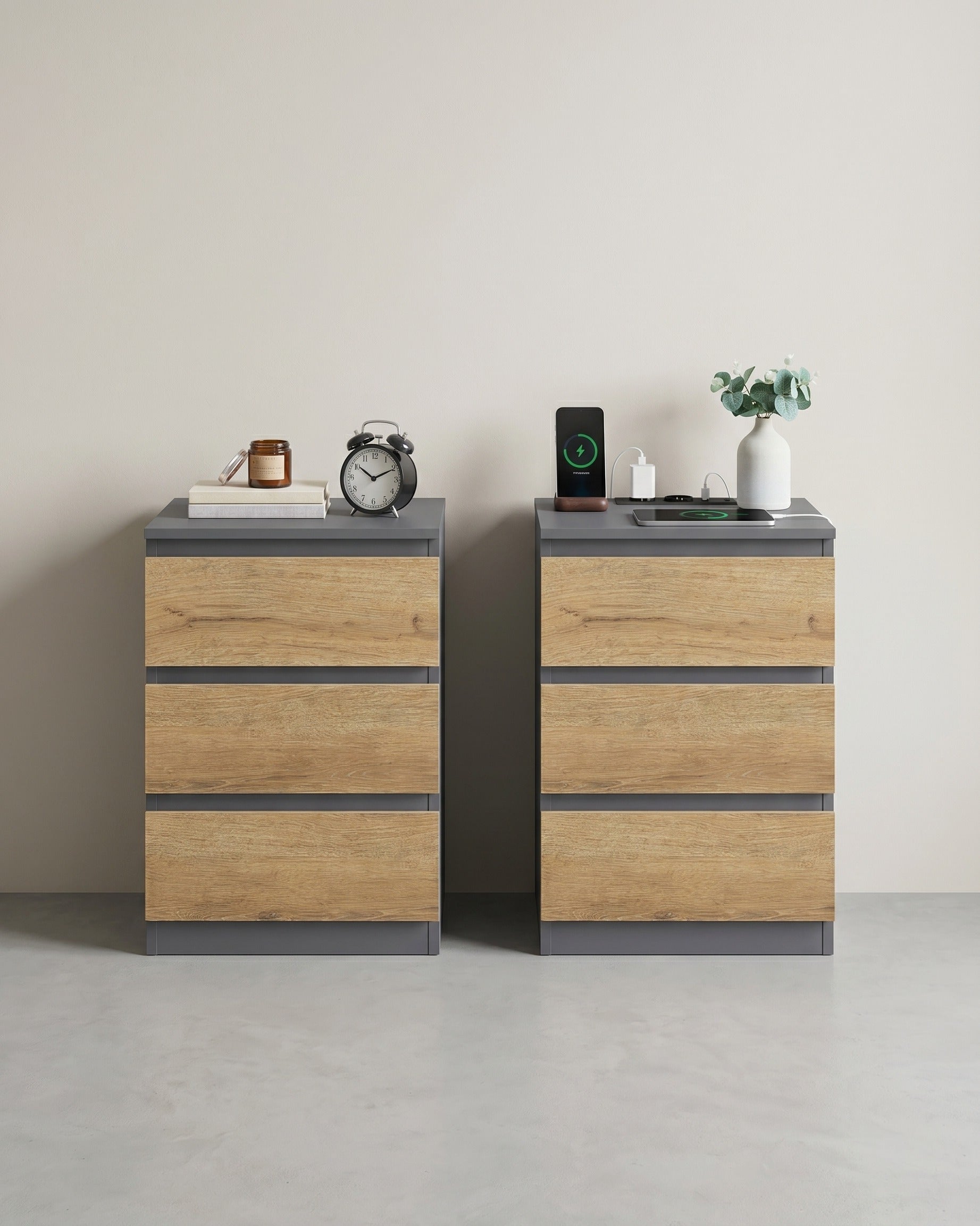Beistelltisch mit Ladestation - Nachttisch mit USB-Anschluss - Schrank mit Steckdose – Grau / Braun