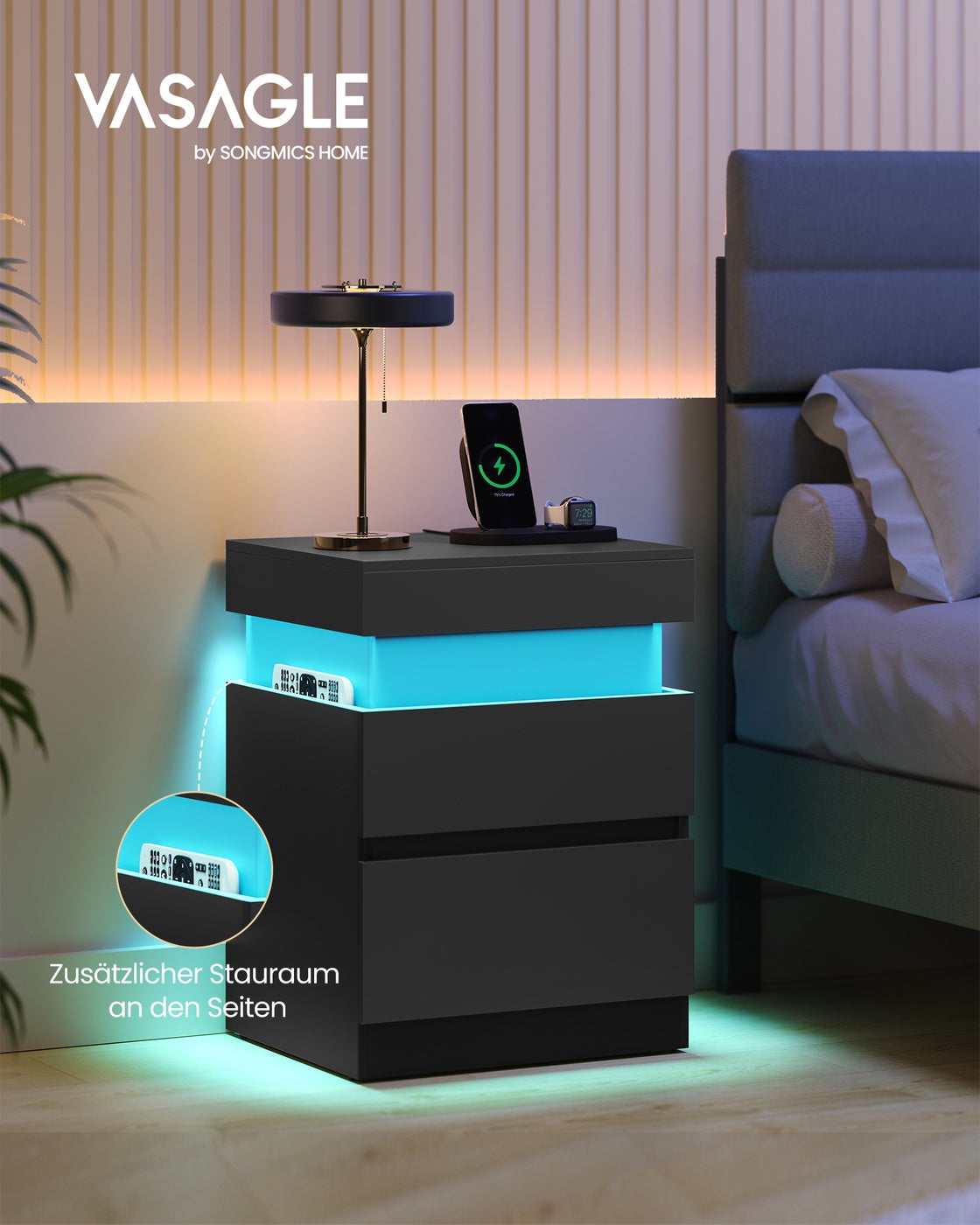 Nachttisch – 2er-Set – Mit LED-Beleuchtung, Steckdosen und USB-A/USB-C-Anschlüssen – Ausziehbare Tischplatte und 2 Schubladen – Modernes Design – 35 x 40 x 55 cm