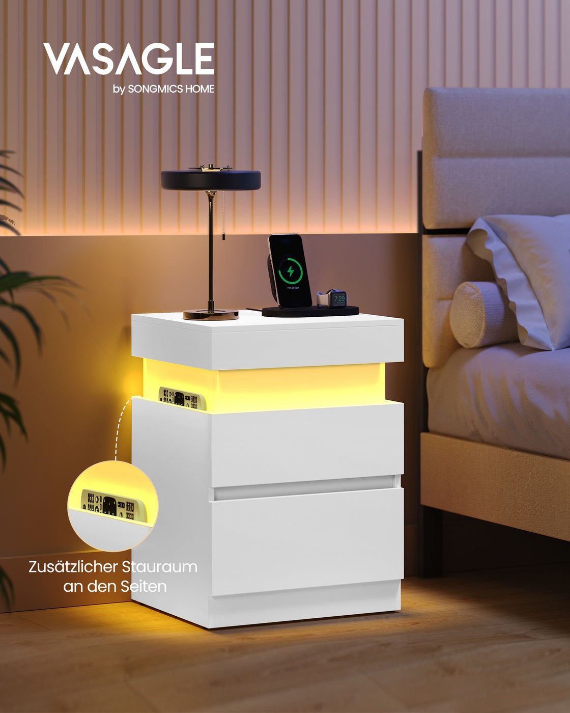 Nachttisch – 2er-Set – Mit LED-Beleuchtung, Steckdosen und USB-A/USB-C-Anschlüssen – Ausziehbare Tischplatte und 2 Schubladen – Modernes Design – 35 x 40 x 55 cm