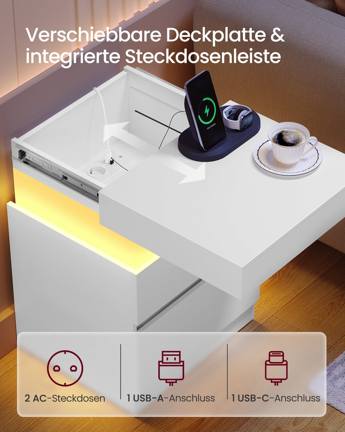 Nachttisch – 2er-Set – Mit LED-Beleuchtung, Steckdosen und USB-A/USB-C-Anschlüssen – Ausziehbare Tischplatte und 2 Schubladen – Modernes Design – 35 x 40 x 55 cm