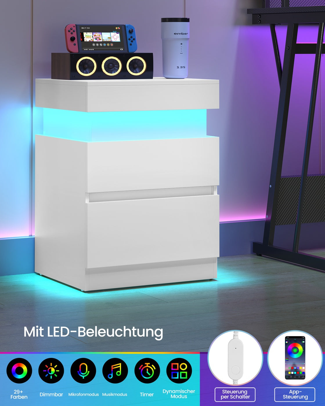 Nachttisch – 2er-Set – Mit LED-Beleuchtung, Steckdosen und USB-A/USB-C-Anschlüssen – Ausziehbare Tischplatte und 2 Schubladen – Modernes Design – 35 x 40 x 55 cm