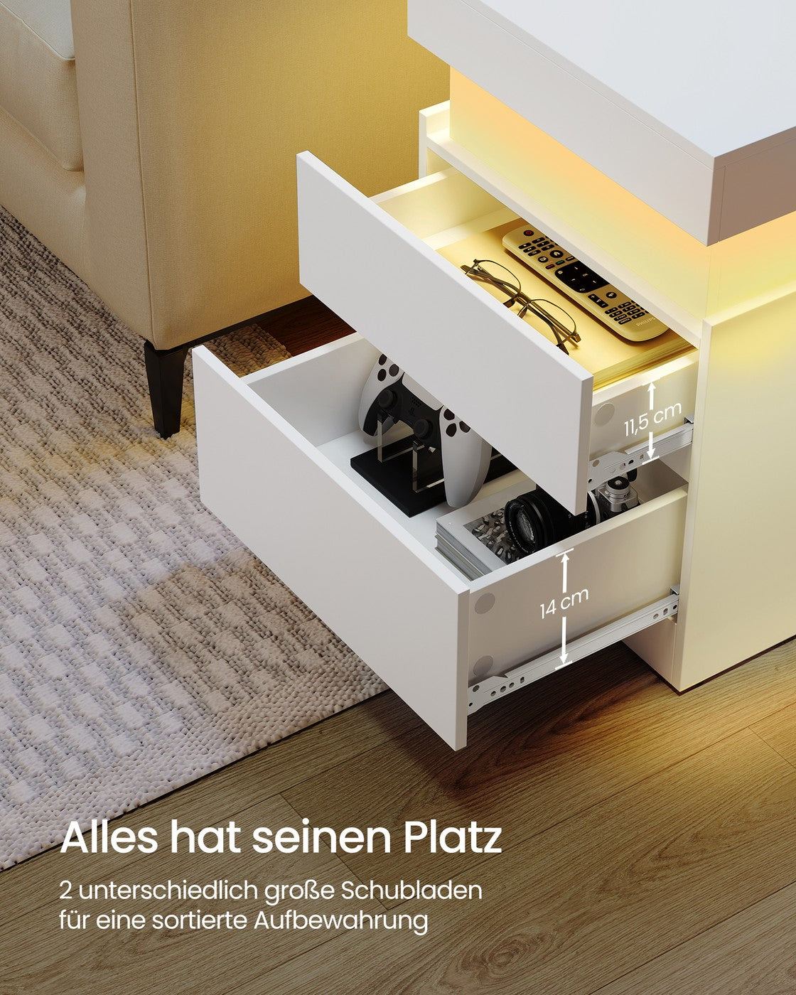 Nachttisch – 2er-Set – Mit LED-Beleuchtung, Steckdosen und USB-A/USB-C-Anschlüssen – Ausziehbare Tischplatte und 2 Schubladen – Modernes Design – 35 x 40 x 55 cm