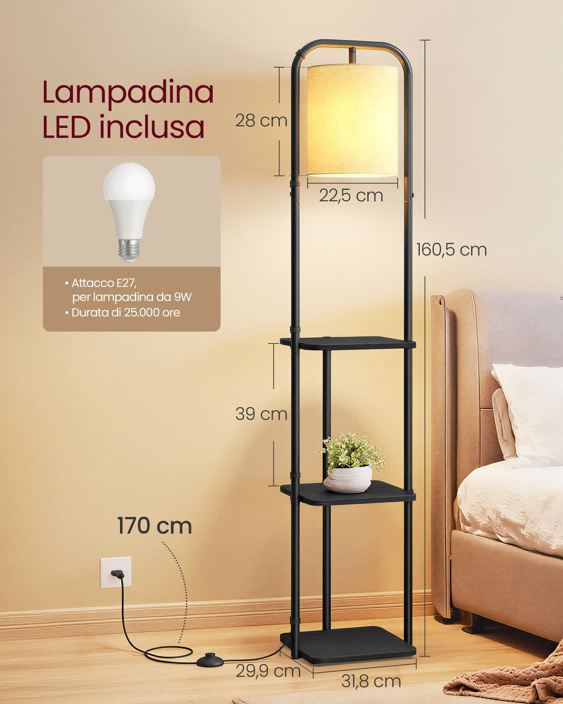 Stehlampe mit 3 Ablagen – inklusive LED-Leuchtmittel – verstellbarer Lampenschirm – Industriedesign