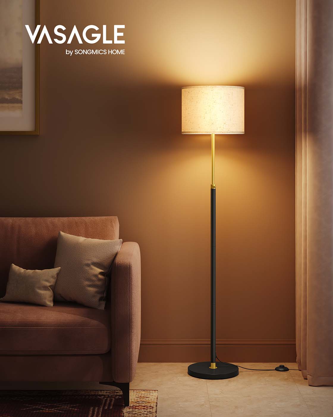 Stehlampe mit Stoffschirm – Höhenverstellbar – Inkl. LED-Leuchtmittel – Gold-Schwarz