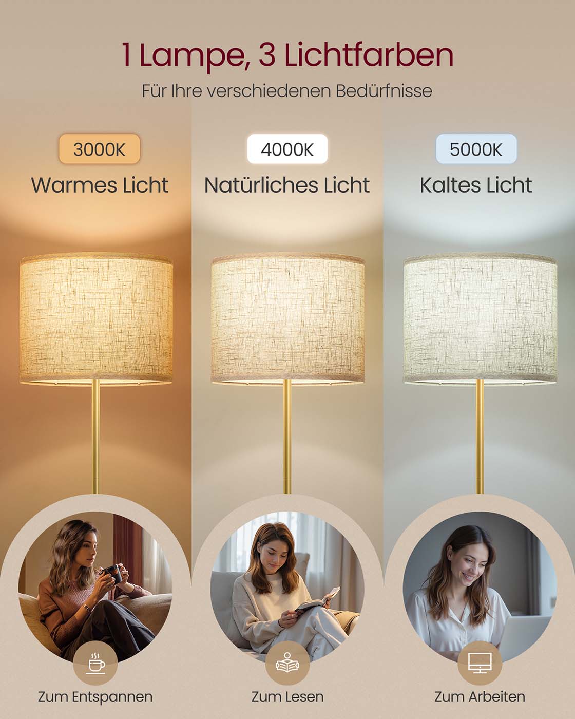 Stehlampe mit Stoffschirm – Höhenverstellbar – Inkl. LED-Leuchtmittel – Gold-Schwarz