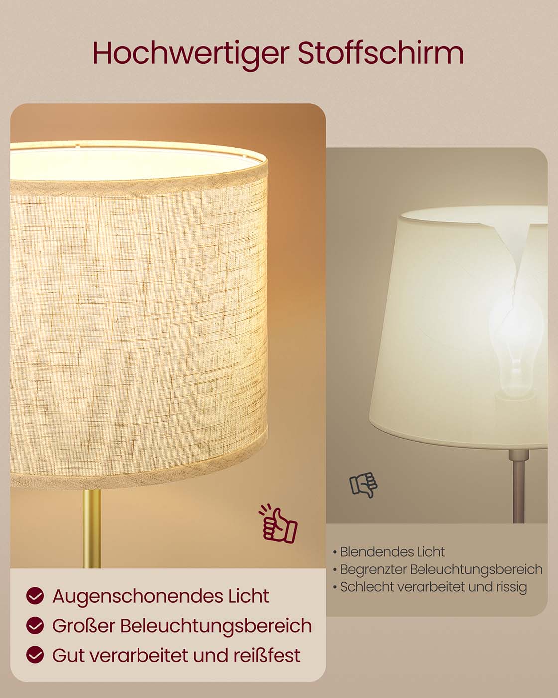 Stehlampe mit Stoffschirm – Höhenverstellbar – Inkl. LED-Leuchtmittel – Gold-Schwarz