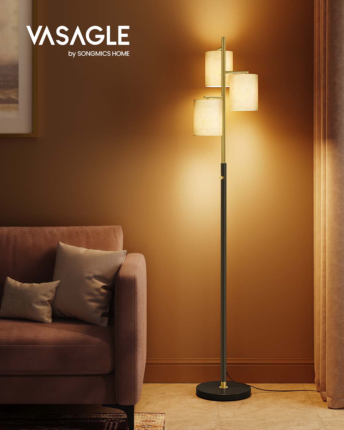 Dimmbare Stehlampe mit Stoffschirm – inklusive LED-Leuchtmittel – Gold-Schwarz