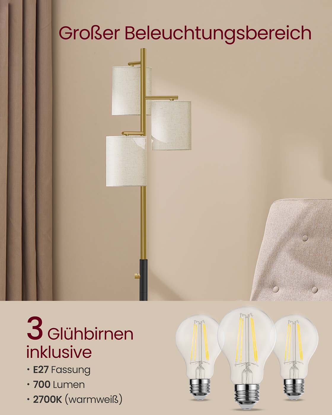 Dimmbare Stehlampe mit Stoffschirm – inklusive LED-Leuchtmittel – Gold-Schwarz