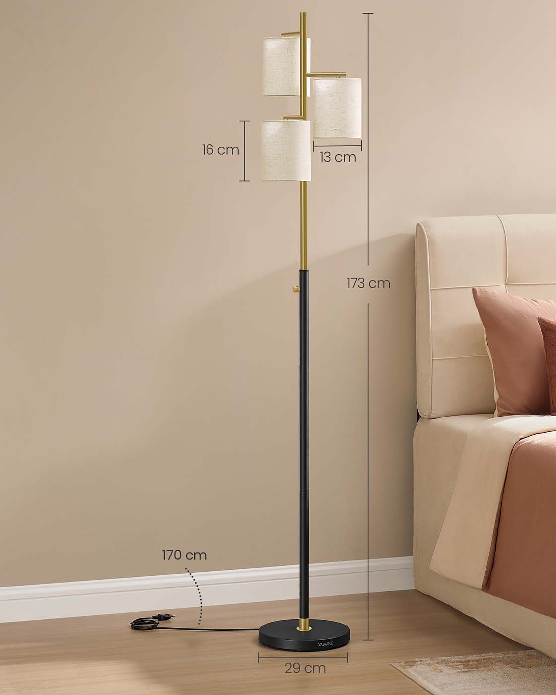 Dimmbare Stehlampe mit Stoffschirm – inklusive LED-Leuchtmittel – Gold-Schwarz