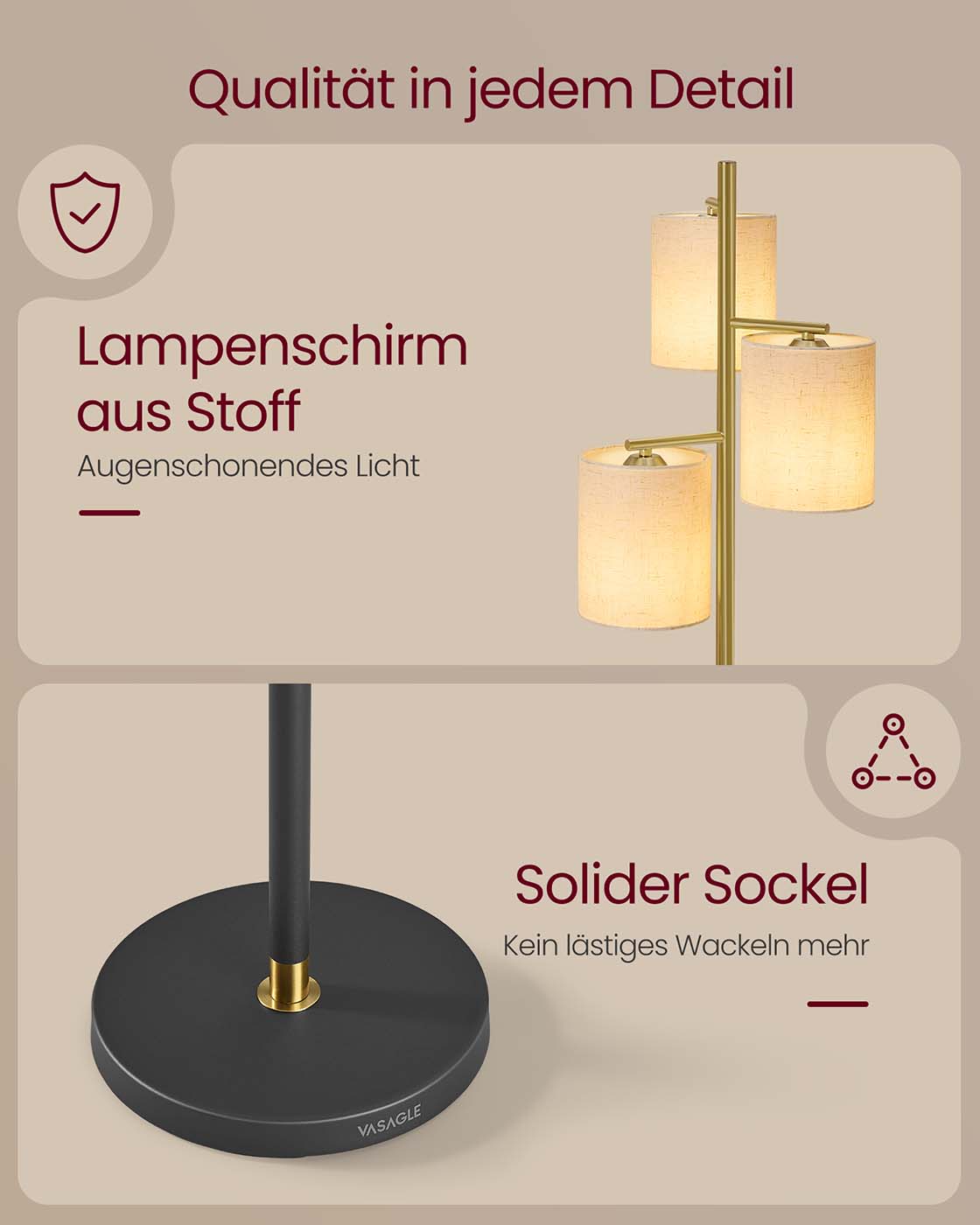 Dimmbare Stehlampe mit Stoffschirm – inklusive LED-Leuchtmittel – Gold-Schwarz