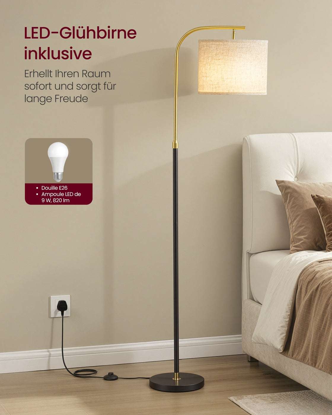 Bogenlampe Stehende Stehlampe – Verstellbar – Inkl. LED-Lampe (3 Lichtfarben) – für Wohnzimmer & Leseecke