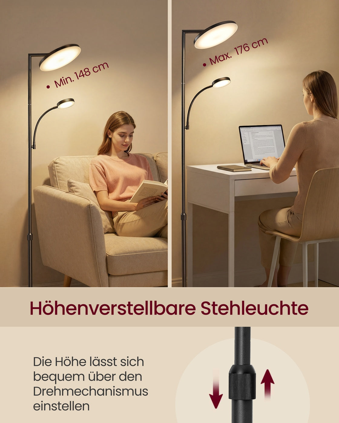 LED-Stehlampe Verstellbar - Dimmbare Stehleuchte Mit Fernbedienung - Leselampe Für Wohnzimmer Und Büro