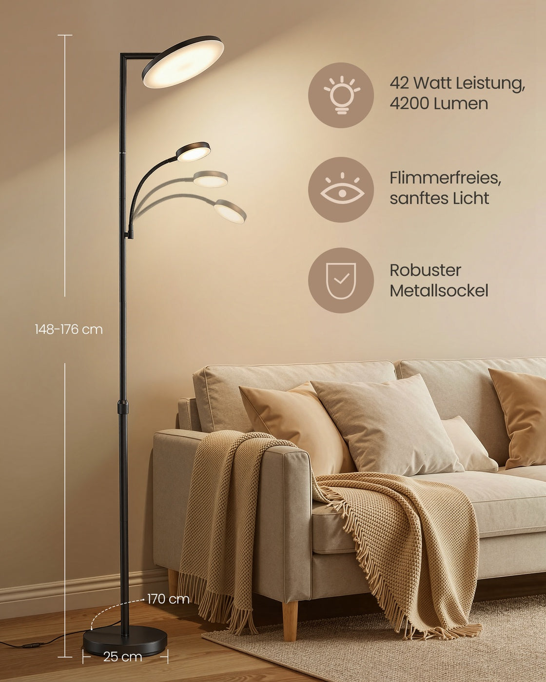 LED-Stehlampe Verstellbar - Dimmbare Stehleuchte Mit Fernbedienung - Leselampe Für Wohnzimmer Und Büro