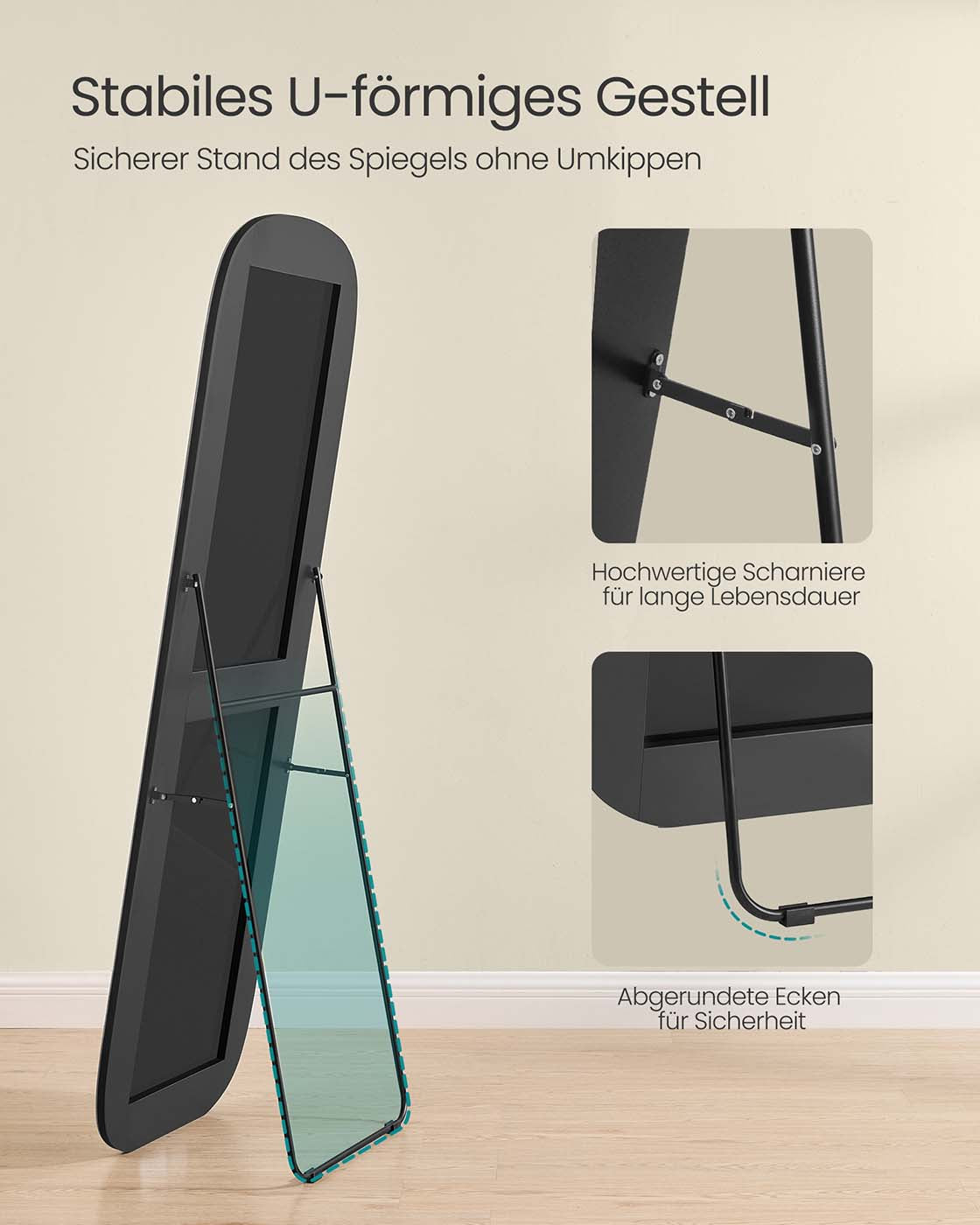 Standspiegel 160 x 50 cm – Gehärtetes Glas mit Aluminiumrahmen – Bruchsicher & Elegant