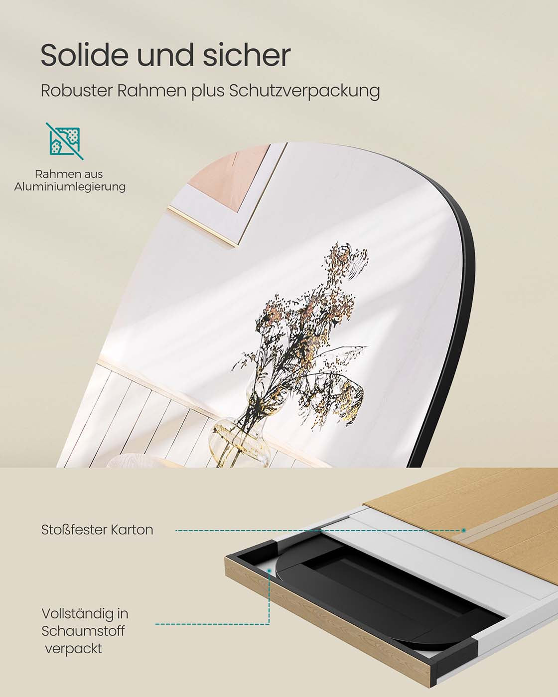 Standspiegel 160 x 50 cm – Gehärtetes Glas mit Aluminiumrahmen – Bruchsicher & Elegant