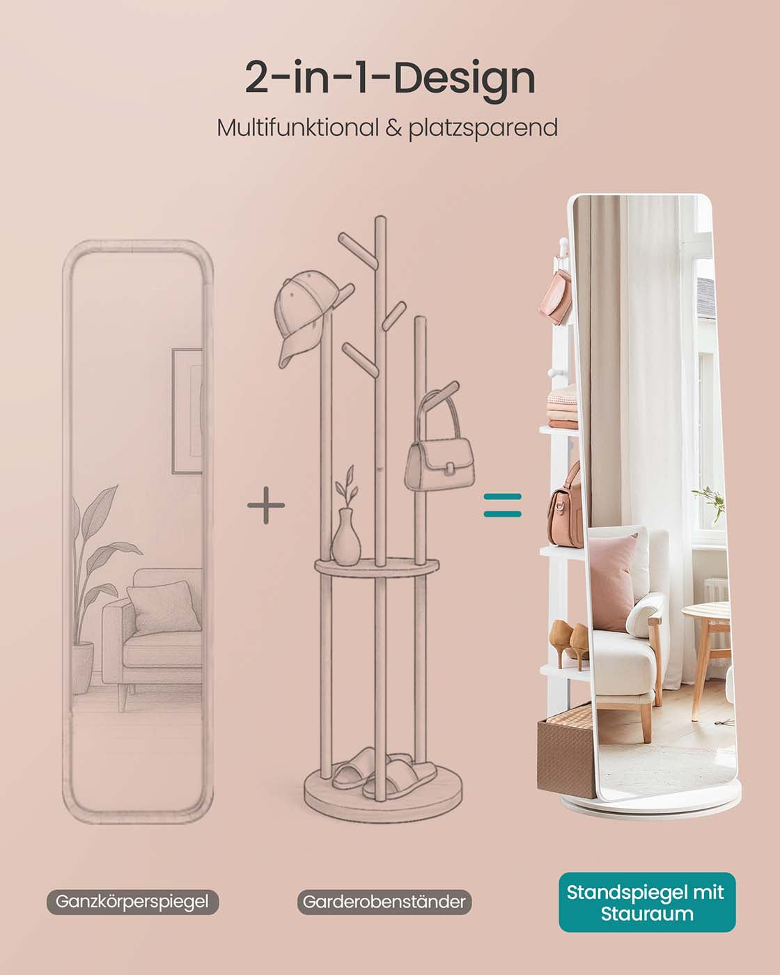 Standspiegel mit Ablagefläche – 360° drehbar – mit 4 Ablagen und 4 Haken – Ganzkörperspiegel – MDF und Sicherheitsglas