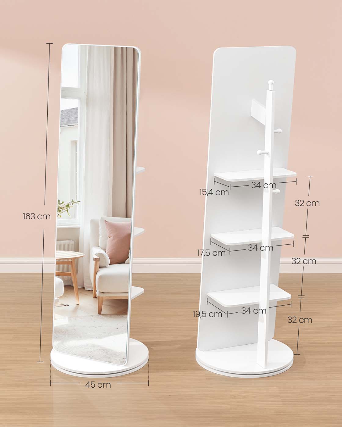 Standspiegel mit Ablagefläche – 360° drehbar – mit 4 Ablagen und 4 Haken – Ganzkörperspiegel – MDF und Sicherheitsglas