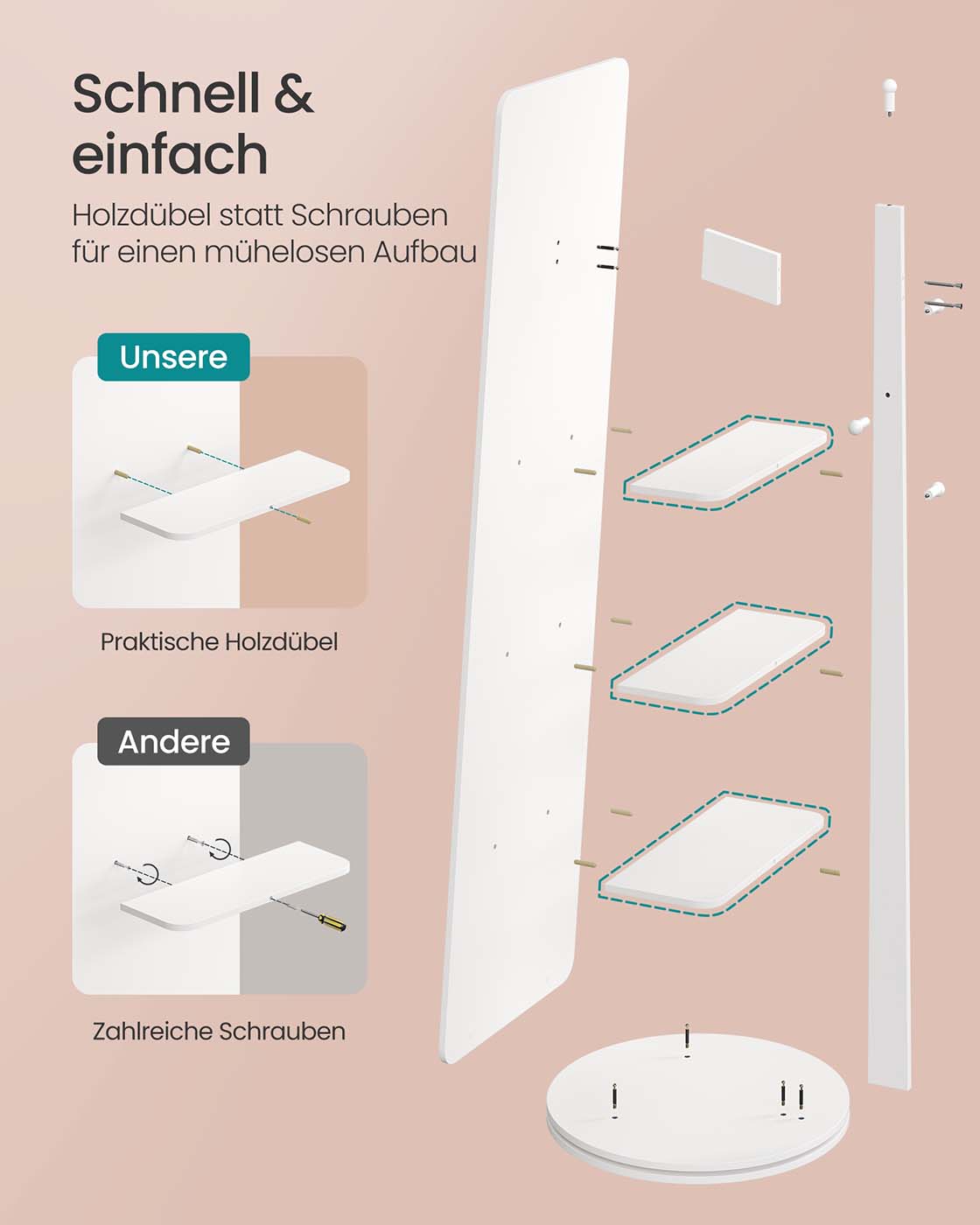 Standspiegel mit Ablagefläche – 360° drehbar – mit 4 Ablagen und 4 Haken – Ganzkörperspiegel – MDF und Sicherheitsglas