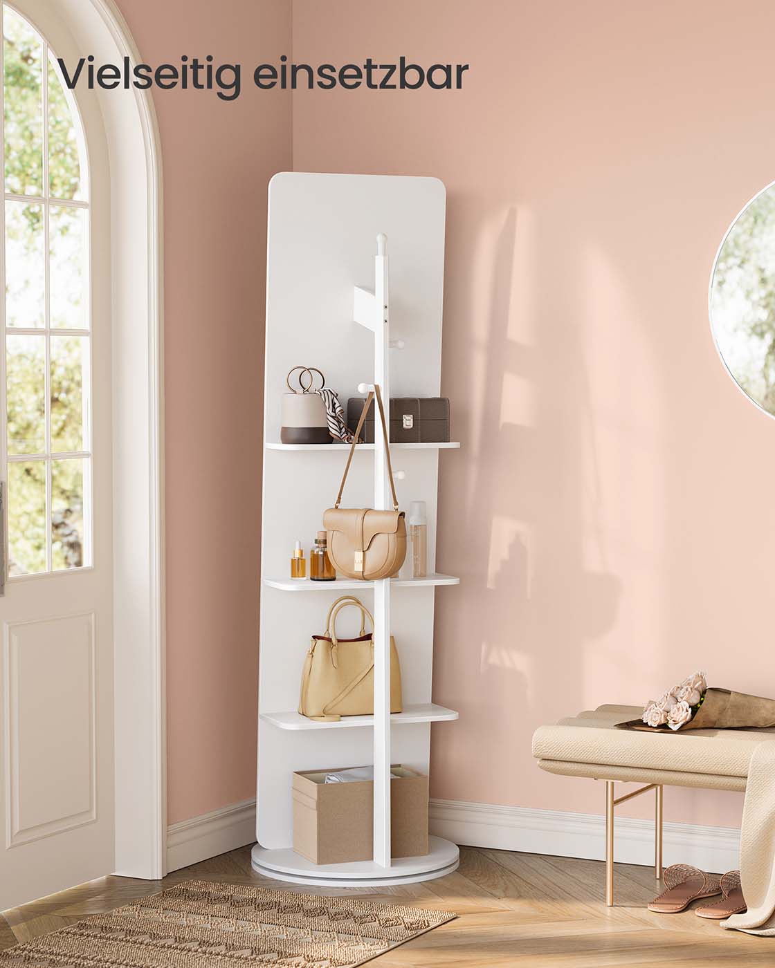 Standspiegel mit Ablagefläche – 360° drehbar – mit 4 Ablagen und 4 Haken – Ganzkörperspiegel – MDF und Sicherheitsglas