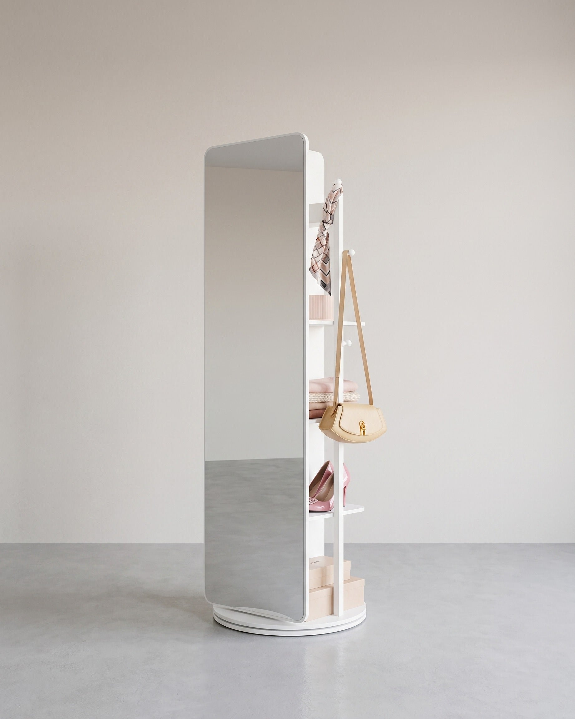 Standspiegel mit Ablagefläche – 360° drehbar – mit 4 Ablagen und 4 Haken – Ganzkörperspiegel – MDF und Sicherheitsglas – Standardtitel