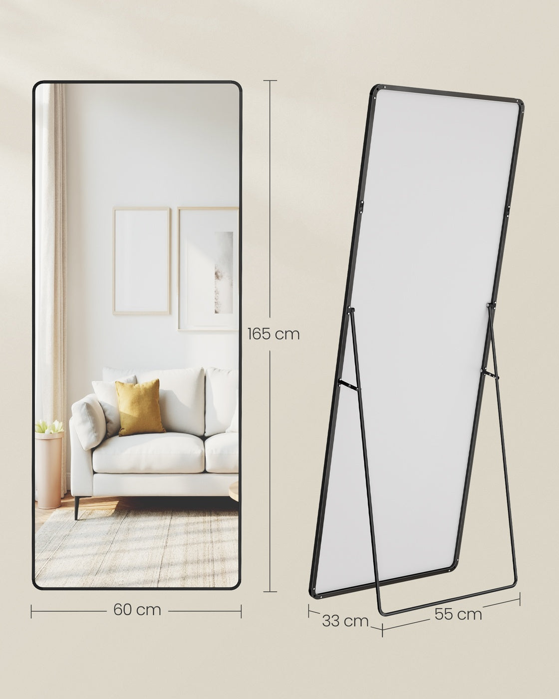 Standspiegel 160 x 50 cm – Rechteckiges Design – Freistehend oder Wandmontage