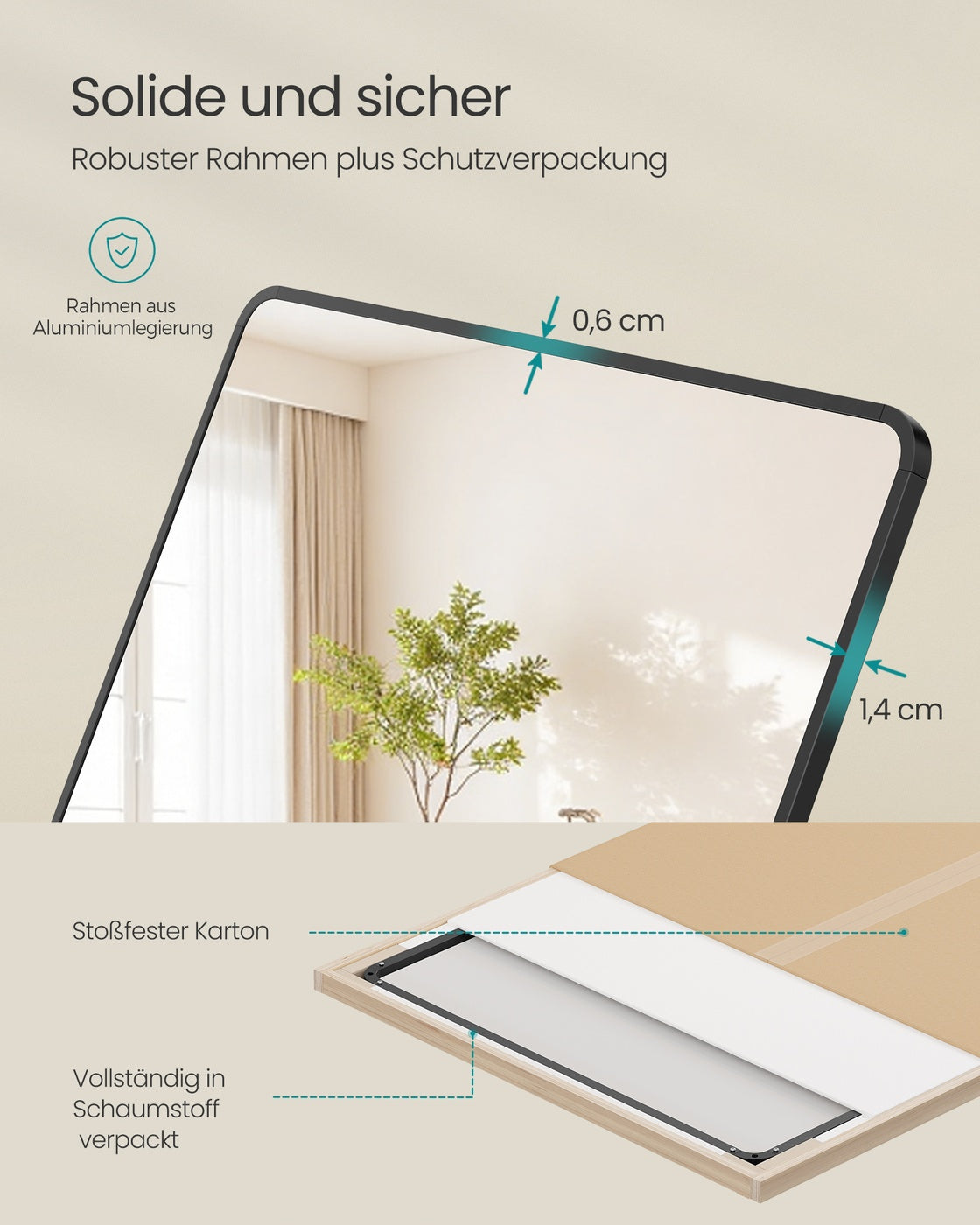 Standspiegel 160 x 50 cm – Rechteckiges Design – Freistehend oder Wandmontage