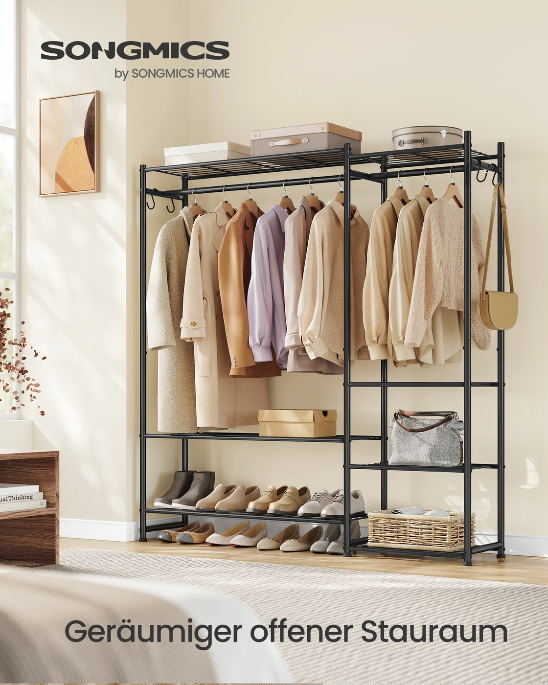 Kleiderständer – Offener Kleiderschrank – 7 Böden – 2 Kleiderstangen – Metallrahmen – 108 kg Tragkraft
