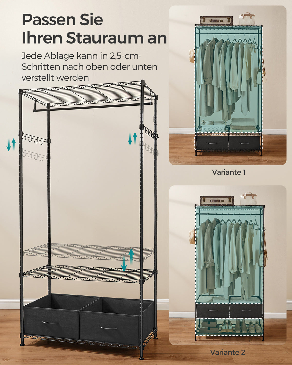 Kleiderständer aus schwarzem Metall – Kompakter Garderobenständer mit Schubladen und Haken – Verstellbare Stange und Ablagen – 90 cm breit – Bis zu 90 kg belastbar