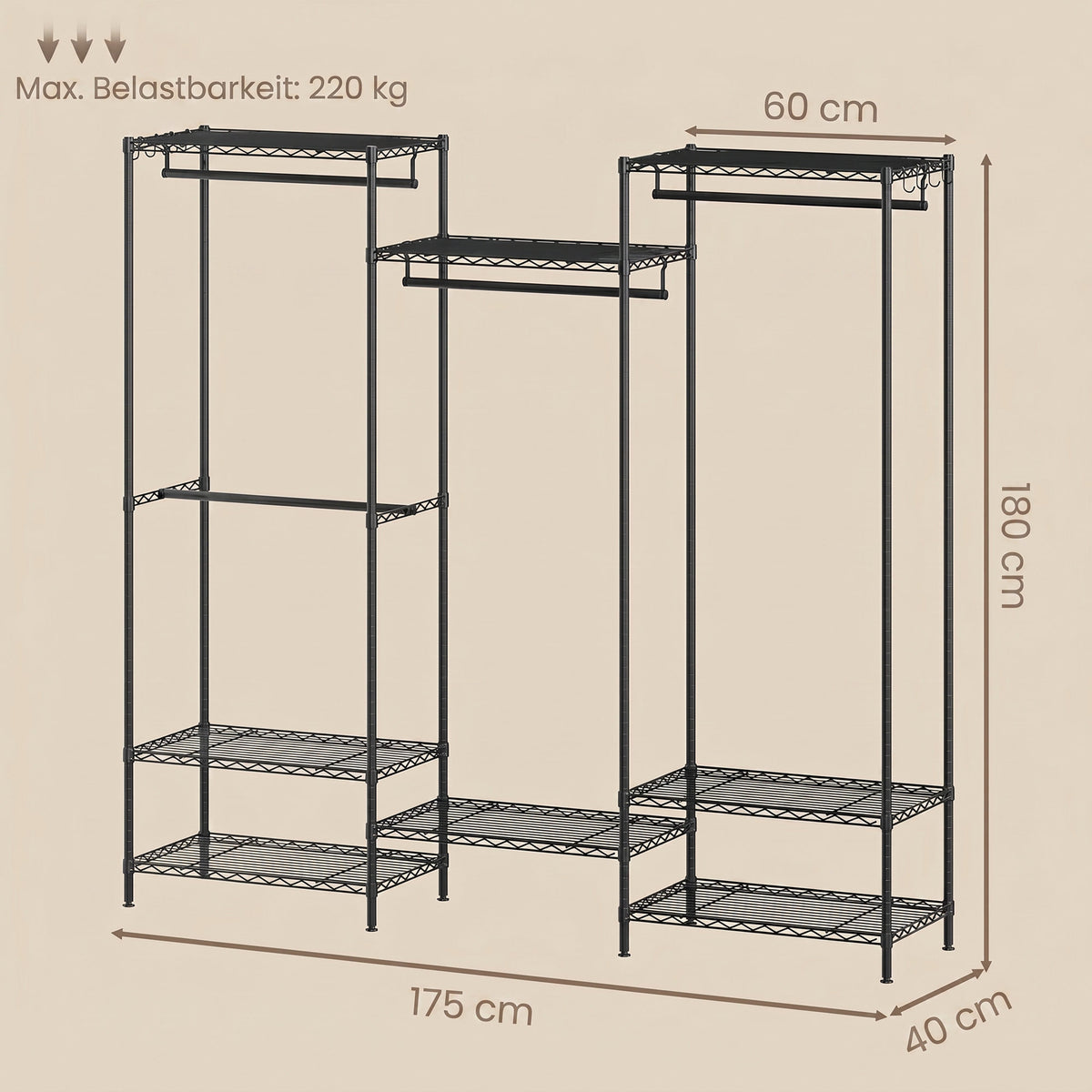 Kleiderständer robust – verstellbares Garderobenregal – 4 Stangen und 8 Ablagen – bis 300 kg