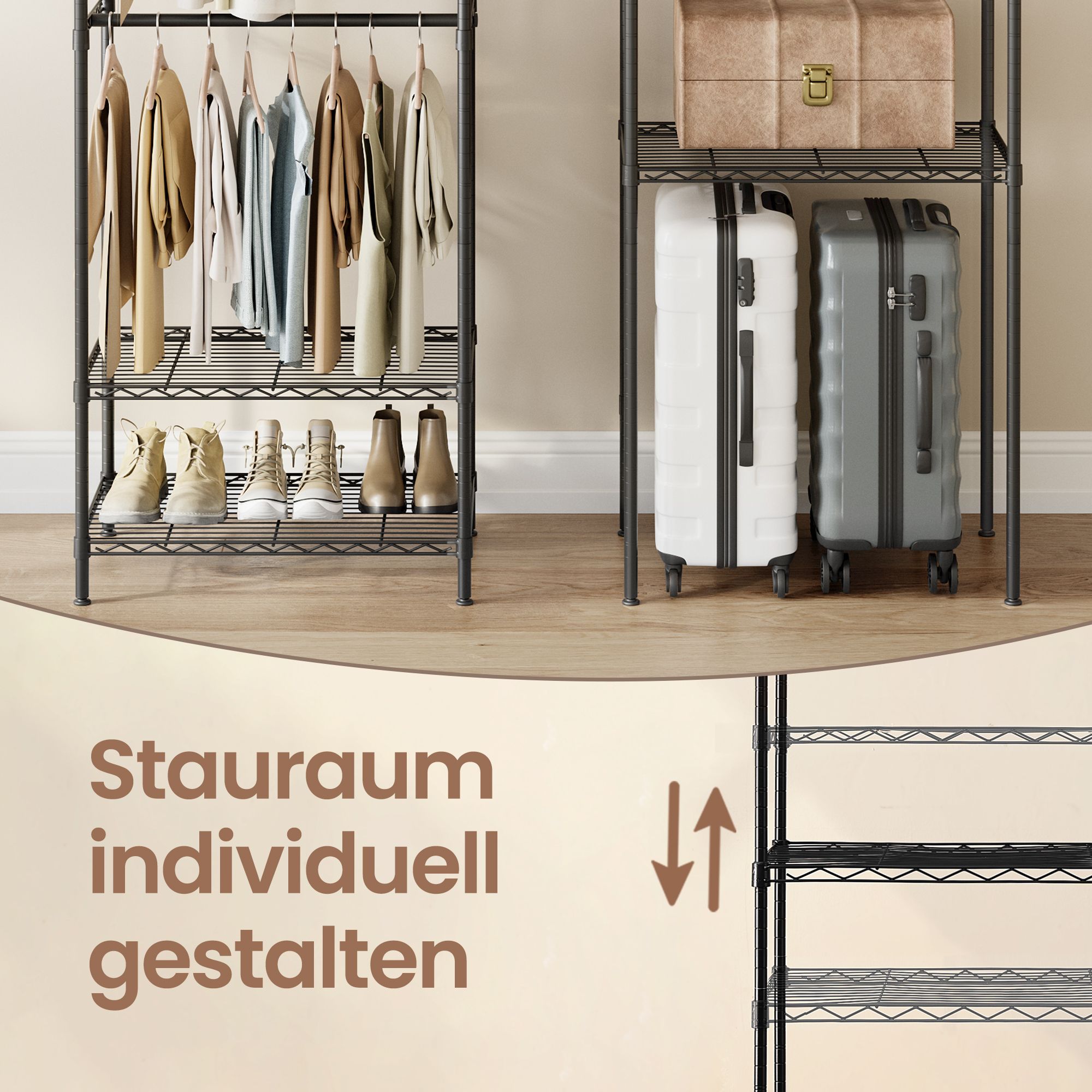 Kleiderständer robust – verstellbares Garderobenregal – 4 Stangen und 8 Ablagen – bis 300 kg
