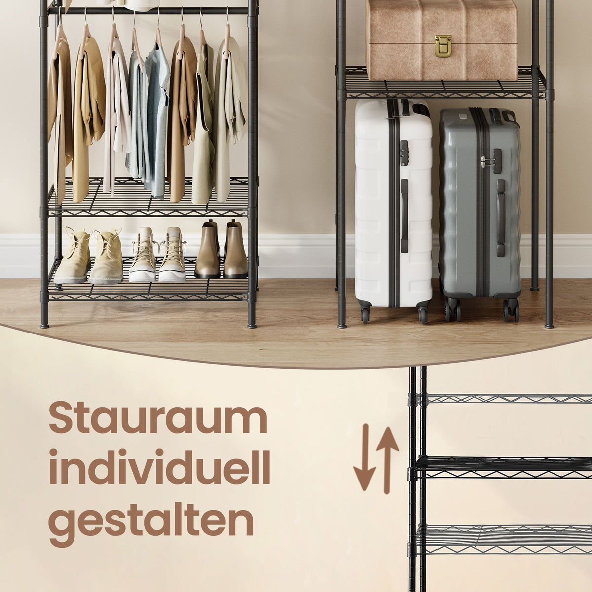 Kleiderständer robust – verstellbares Garderobenregal – 4 Stangen und 8 Ablagen – bis 300 kg