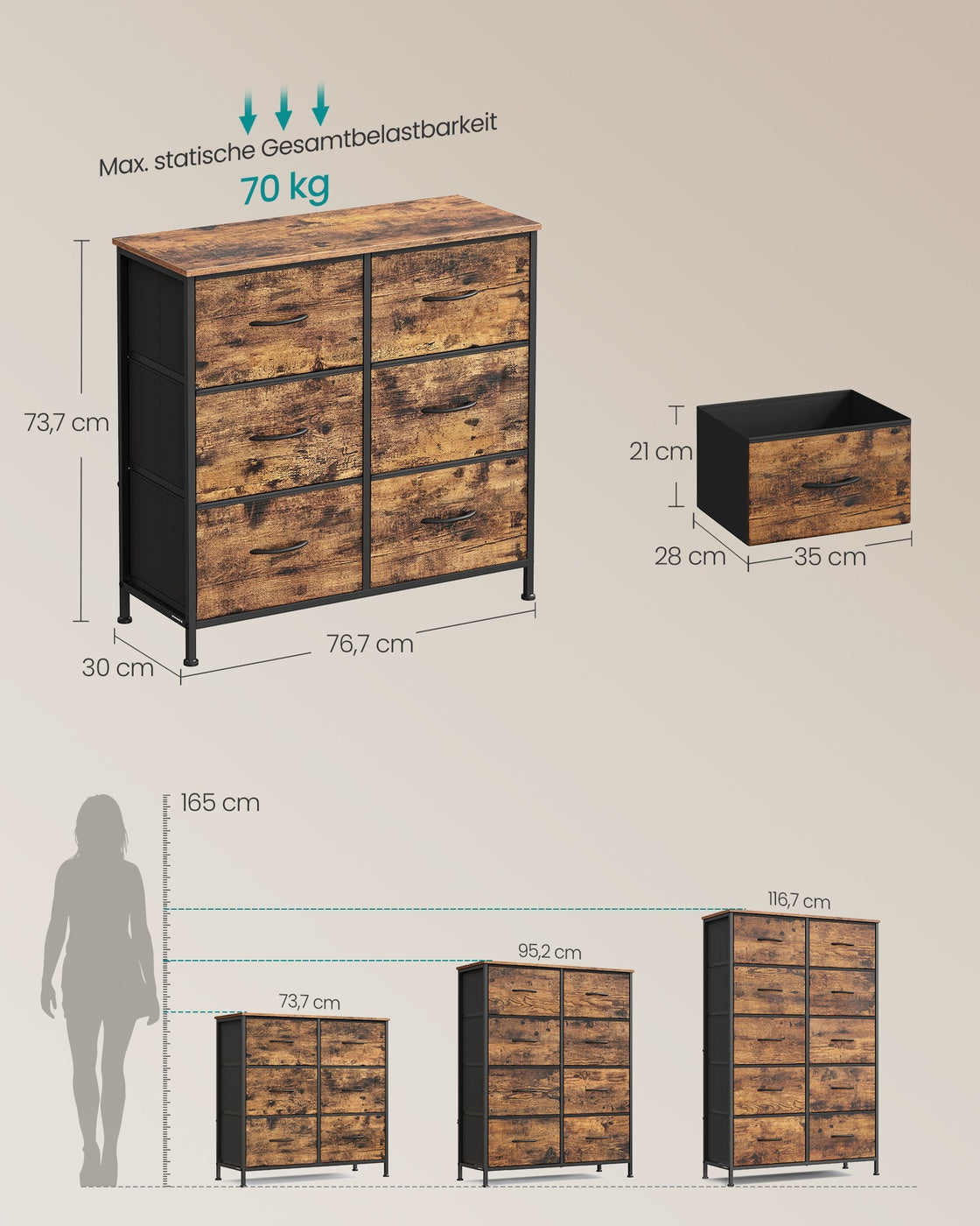 Moderner Schrank – Kommode mit 6 Schubladen – Industriedesign – Stahlrahmen – Viel Stauraum – 73 cm hoch