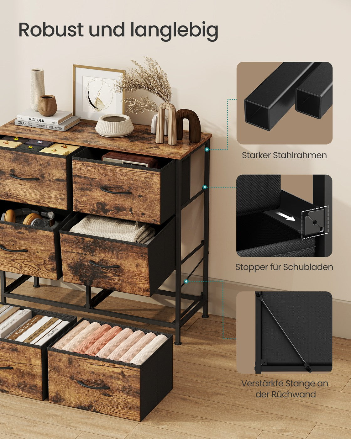 Moderner Schrank – Kommode mit 6 Schubladen – Industriedesign – Stahlrahmen – Viel Stauraum – 73 cm hoch