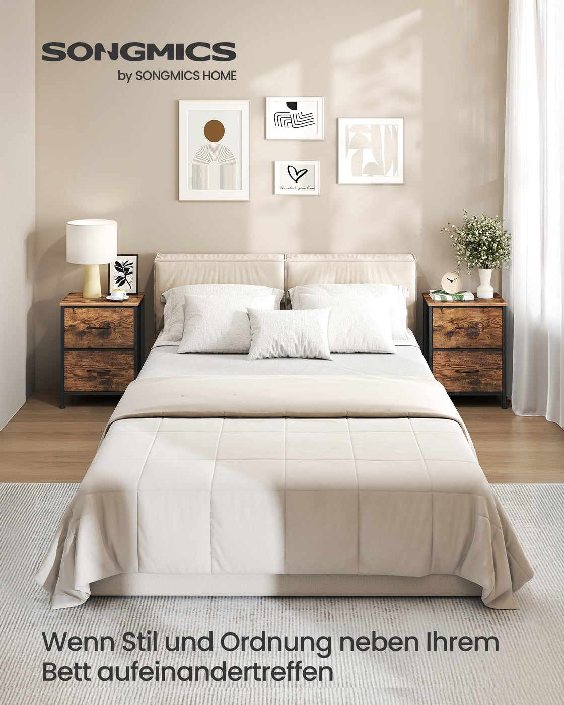 Nachtkommode – Kommode mit 4 Stoffschubladen – MDF und Stahl – 30 x 39,6 x 52,2 cm
