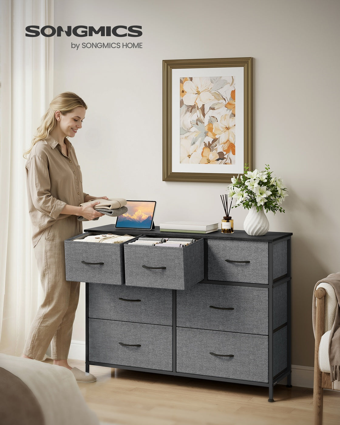 Großes Sideboard Mit 7 Stoffschubladen - Stahlrahmen - Für Schlafzimmer Oder Wohnzimmer