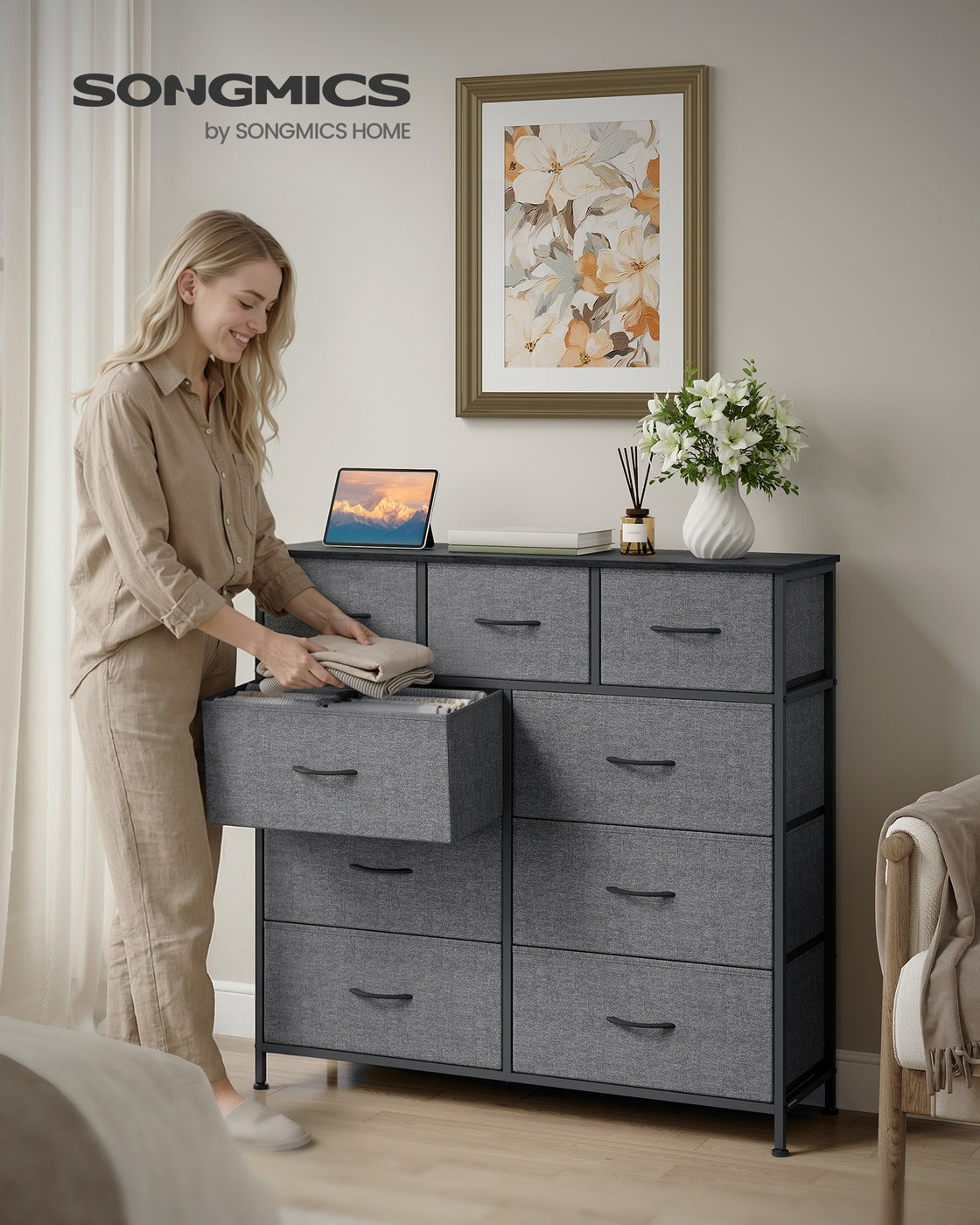 XL Sideboard Mit 9 Stoffschubladen - Stahlrahmen - Für Schlafzimmer Oder Flur