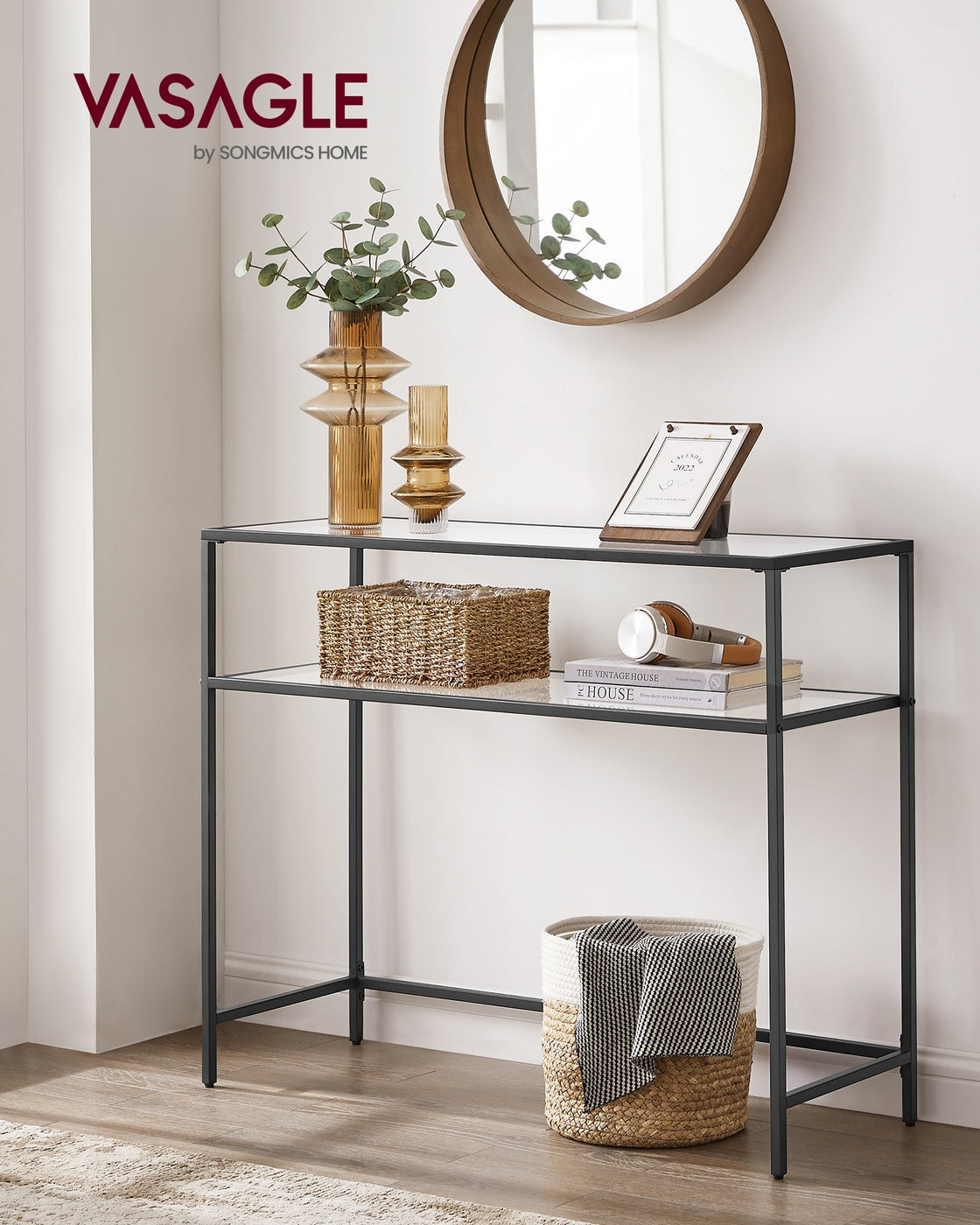 Konsolentisch mit Glasregalen – Minimalistisches Design – Schwarzer Stahl und gehärtetes Glas – 100 cm breit