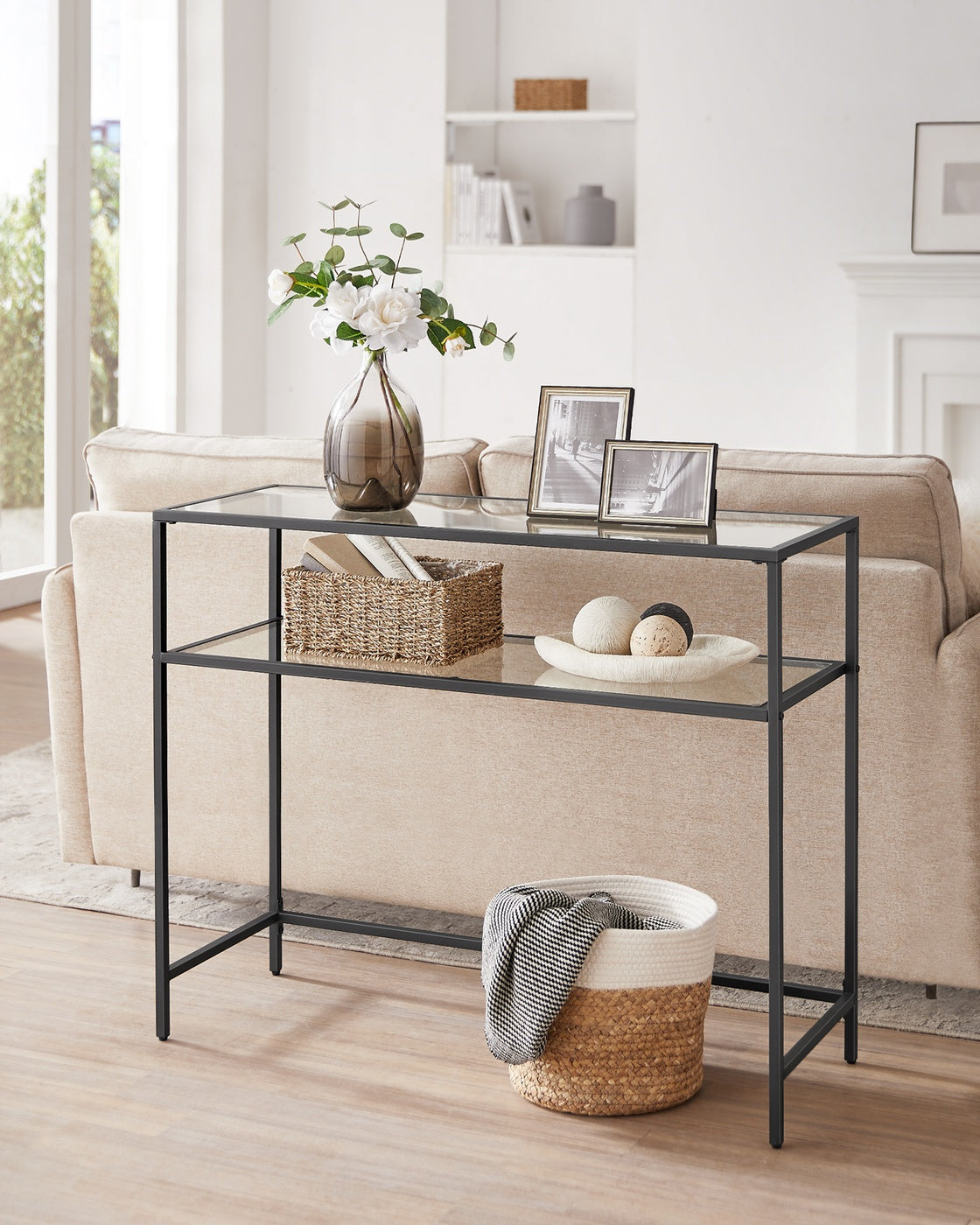 Konsolentisch mit Glasregalen – Minimalistisches Design – Schwarzer Stahl und gehärtetes Glas – 100 cm breit