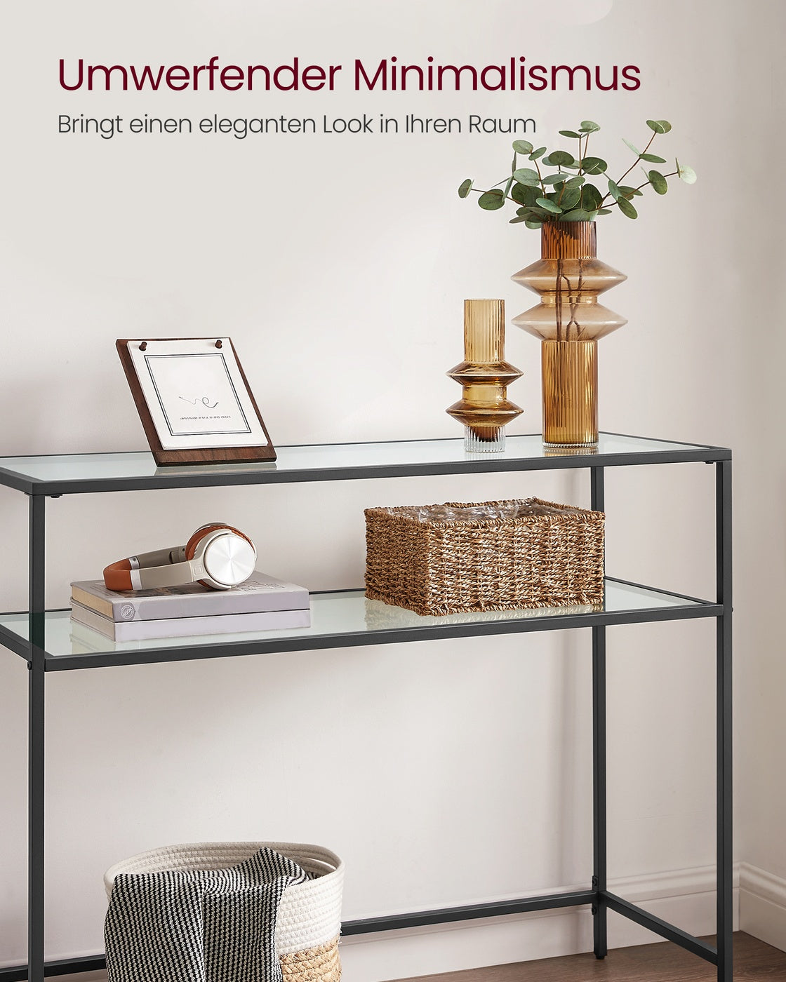Konsolentisch mit Glasregalen – Minimalistisches Design – Schwarzer Stahl und gehärtetes Glas – 100 cm breit